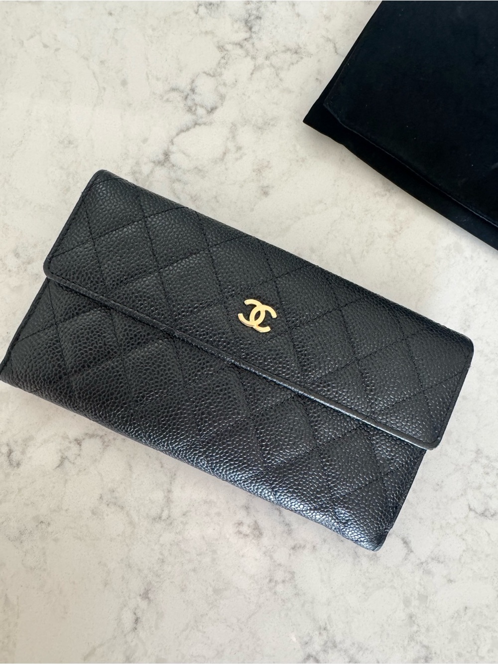 CHANEL Black Caviar Quilted Long Flap Wallet Gold CC Full Set